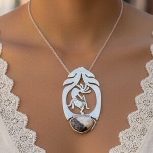 Navajo Frederick Chavez Sterling Silver White Buffalo Turqouise Kokopeli Pendant